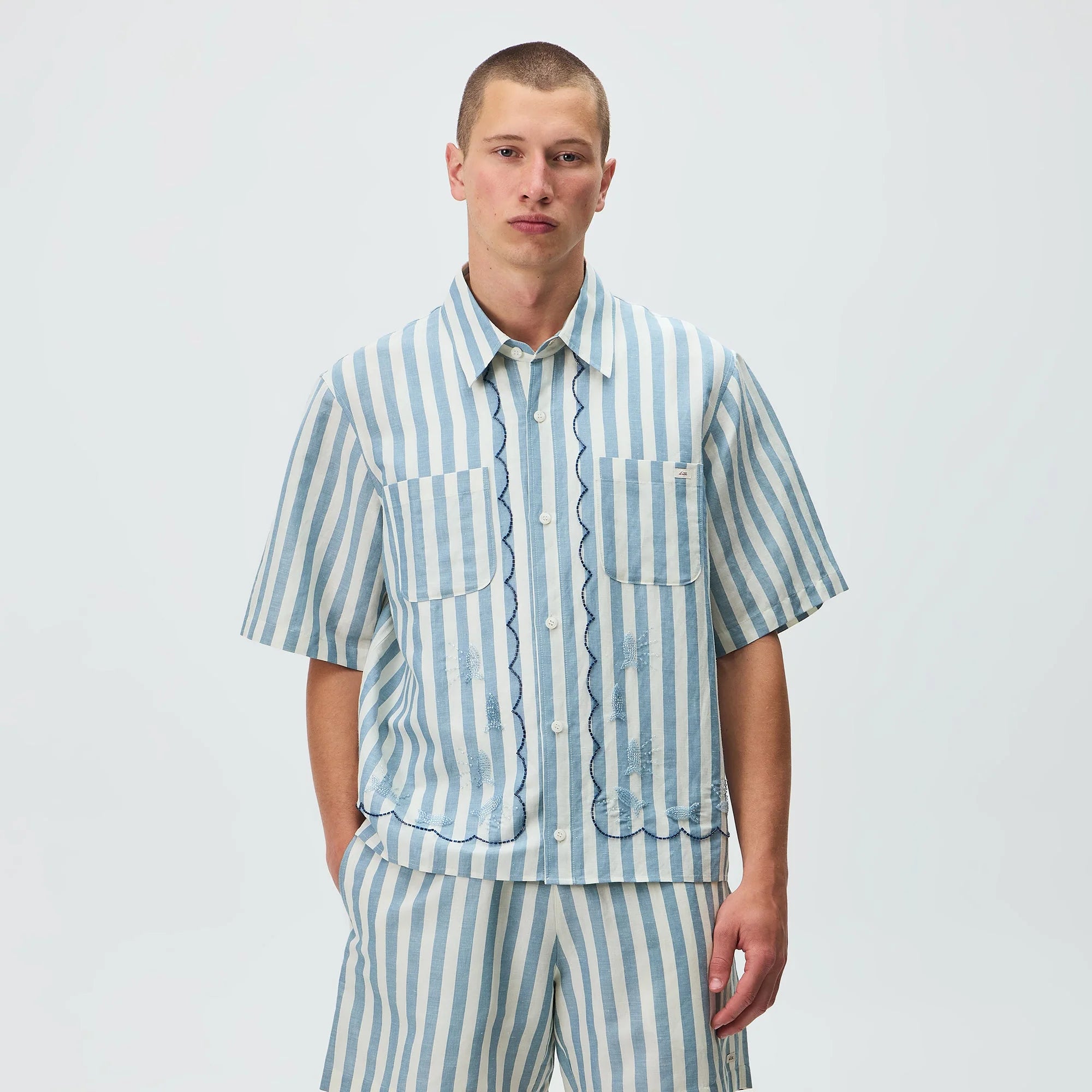 Kith Spun Silk Linen Stripe Paxton Buttondown - Light Indigo