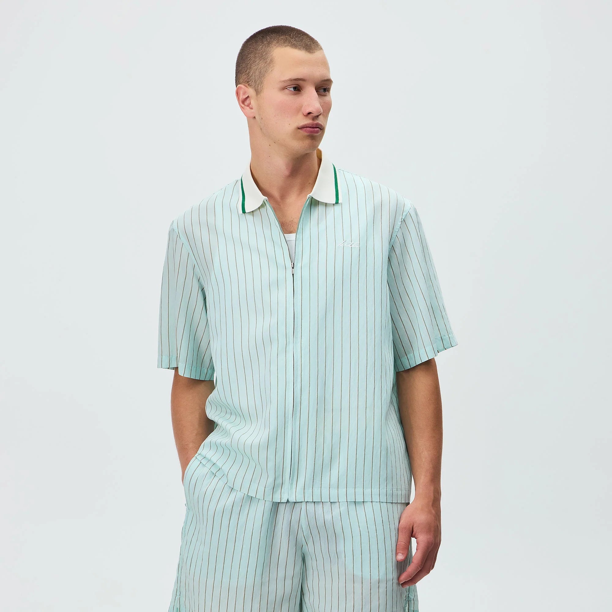 Kith Striped Poplin Thompson Zip Front Shirt - Breezeway