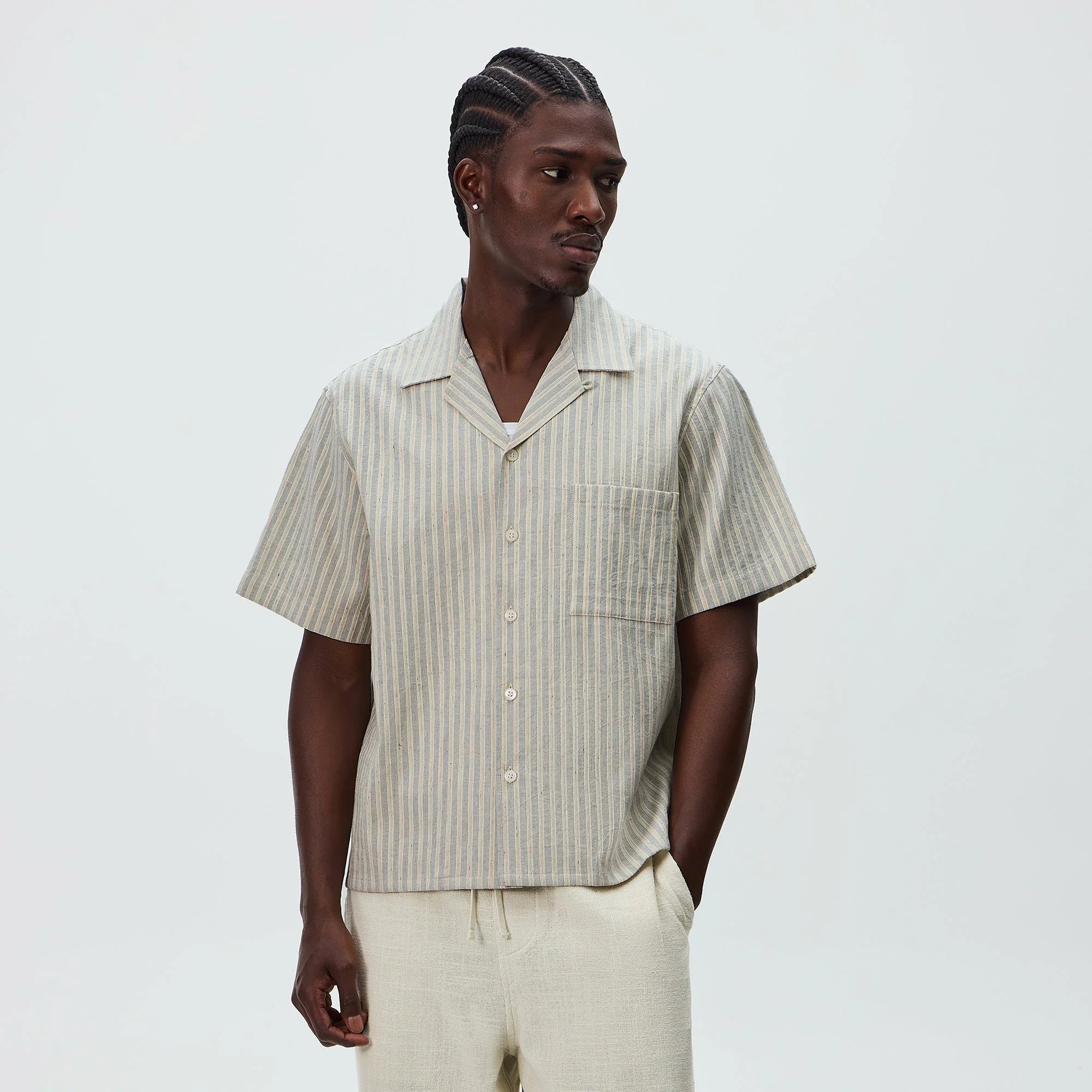 Kith Neon Slub Stripe Cropped Beckham Camp Collar Shirt - Sandrift