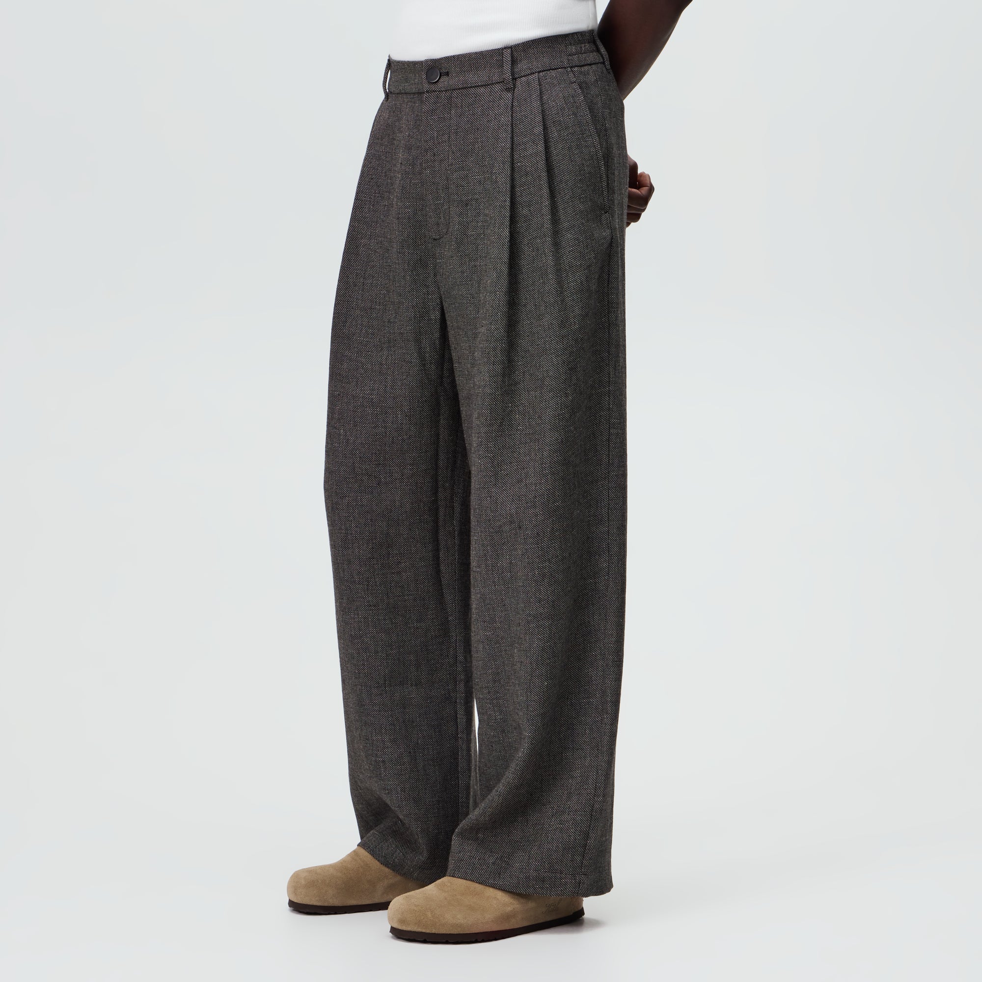 &Kin Textured Linen Flax Brynn Pleated Pant  - Black Melange