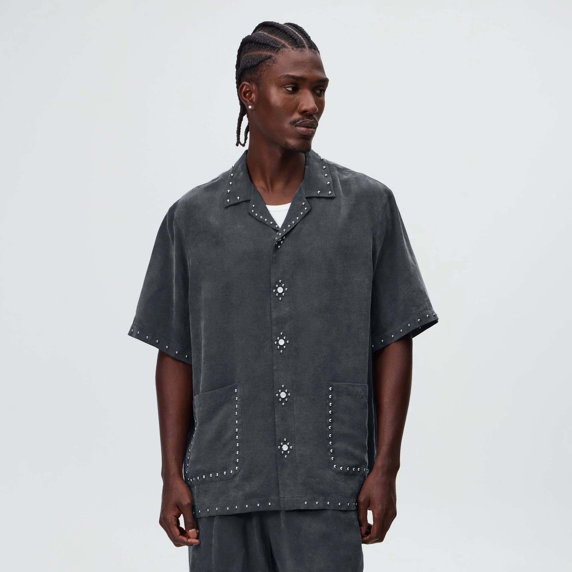 &Kin Studded Cupro Linen Sawyer Shirt - Somber