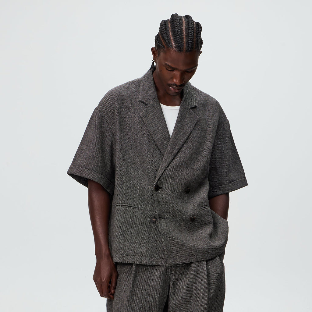 &Kin Textured Linen Ito Blazer - Black Melange