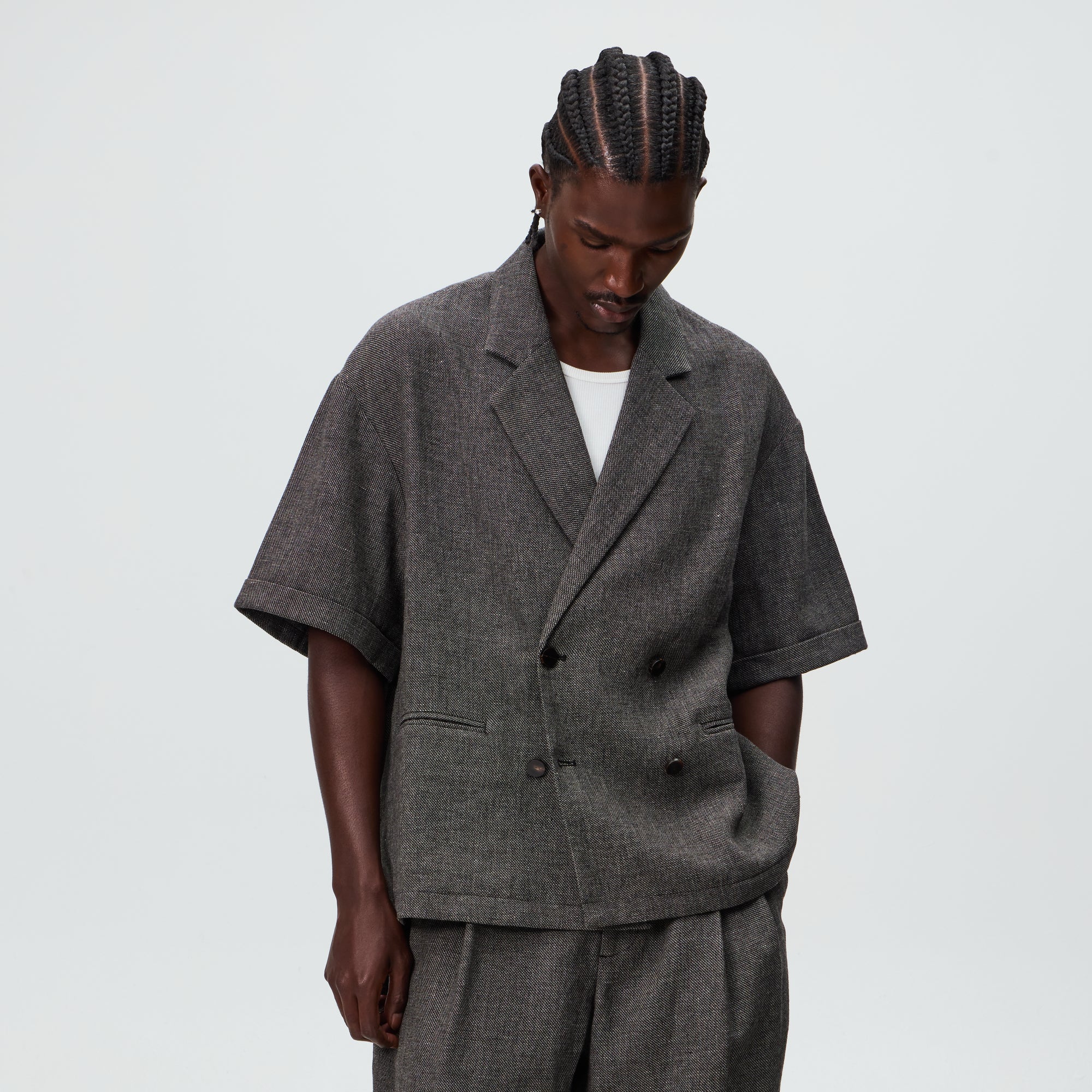 &Kin Textured Linen Ito Blazer - Black Melange