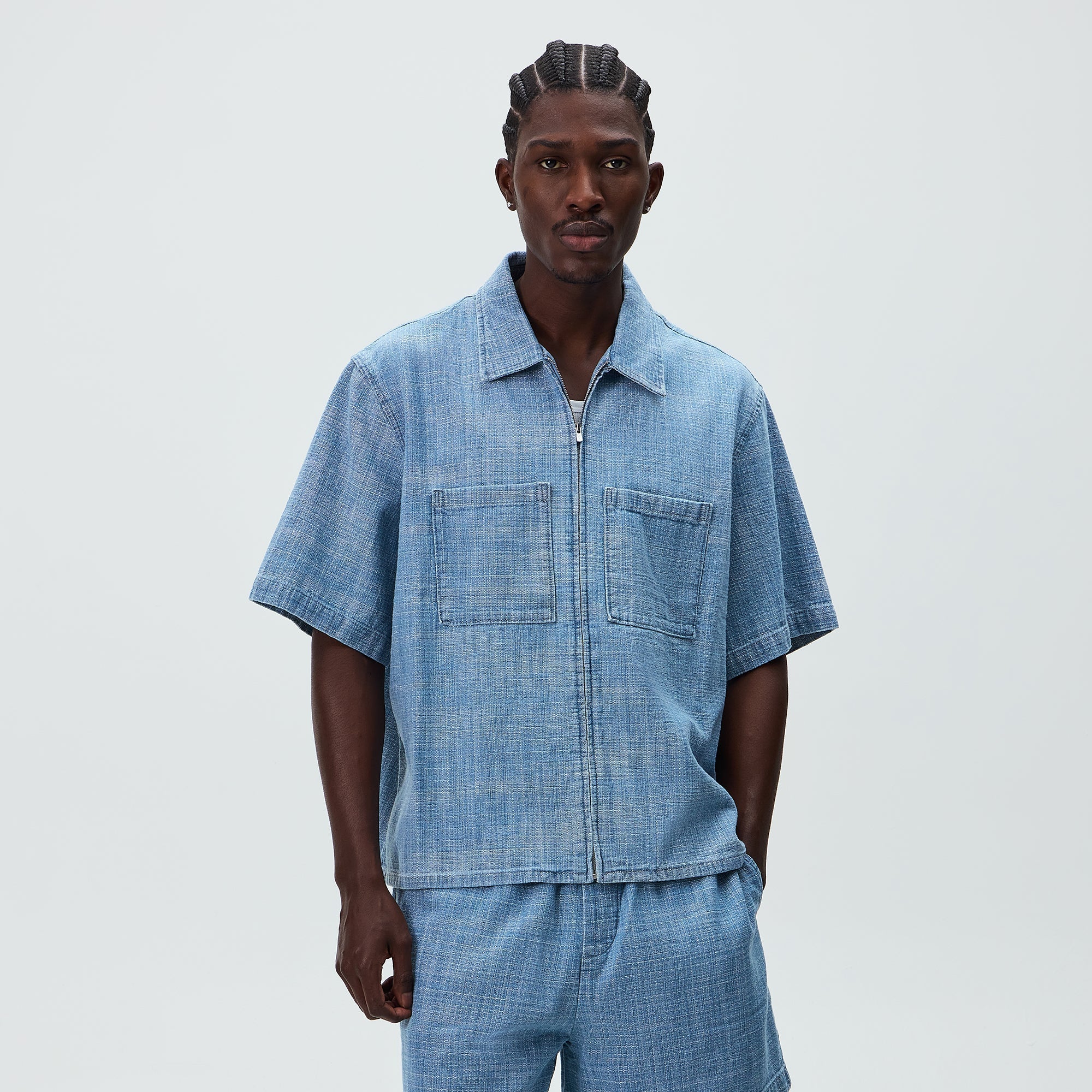 Kith Textured Indigo Paxton Zip Front Shirt - Light Indigo