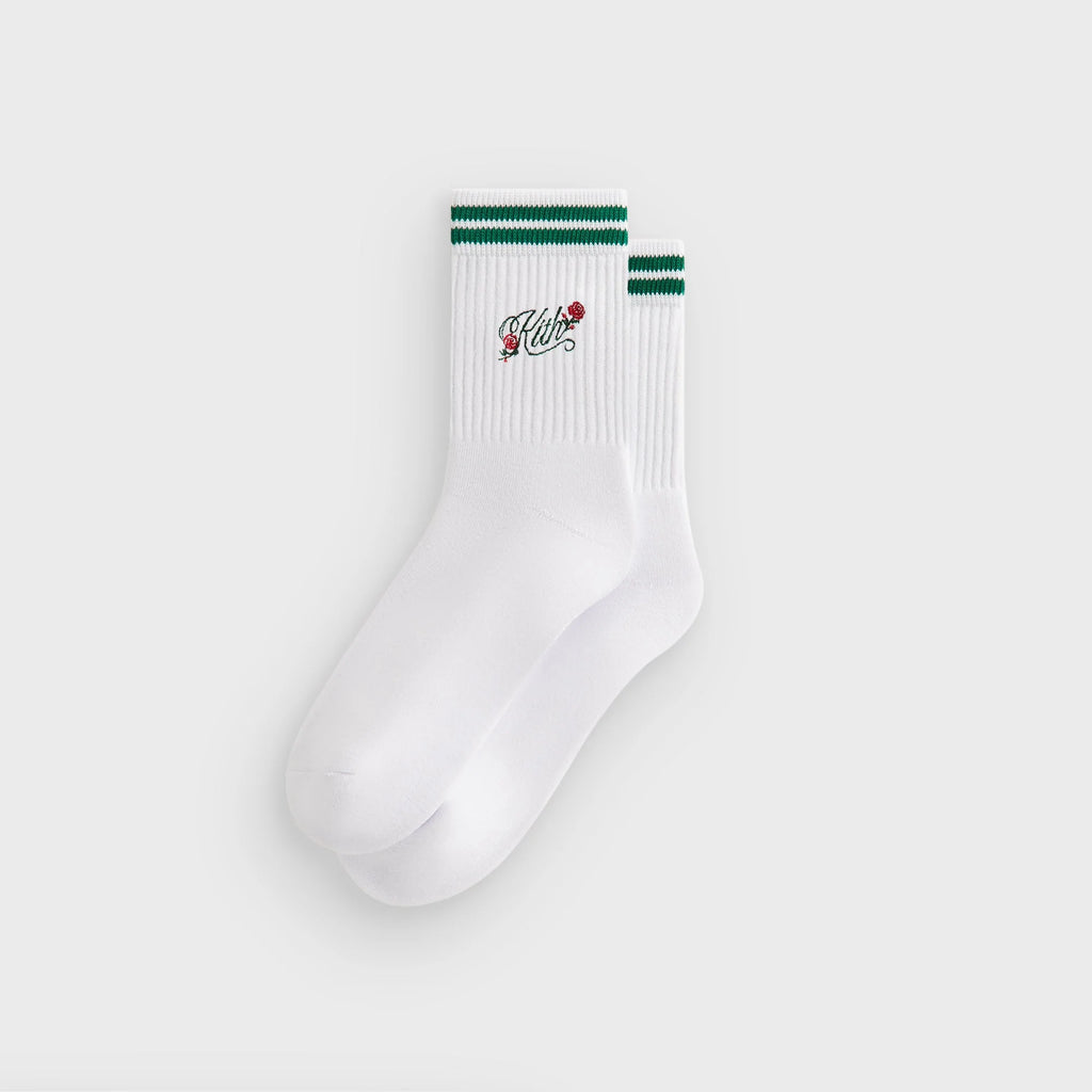 Kith Double Striped Floral Cotton Mid Crew Socks - Conifer