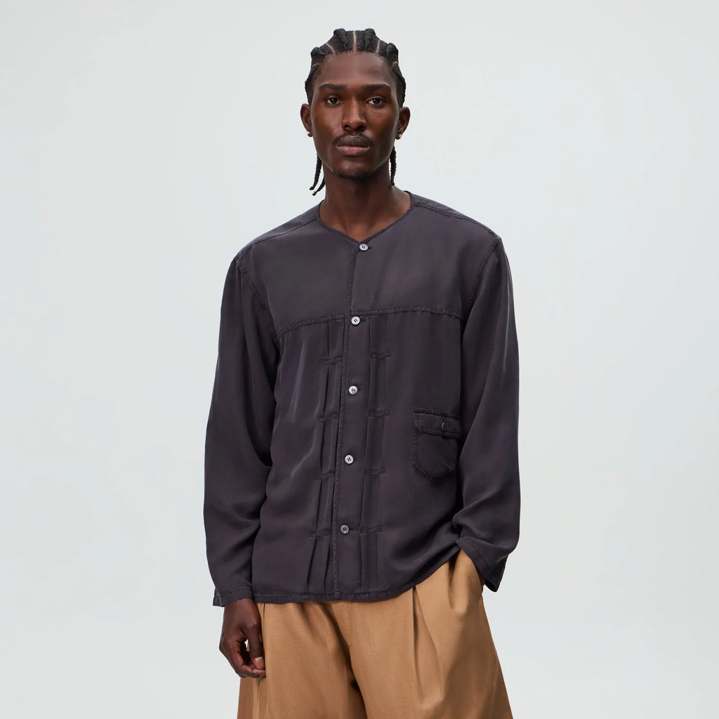 &Kin Garment Dyed Silk Collarless Yardley Shirt - Phantom Grey