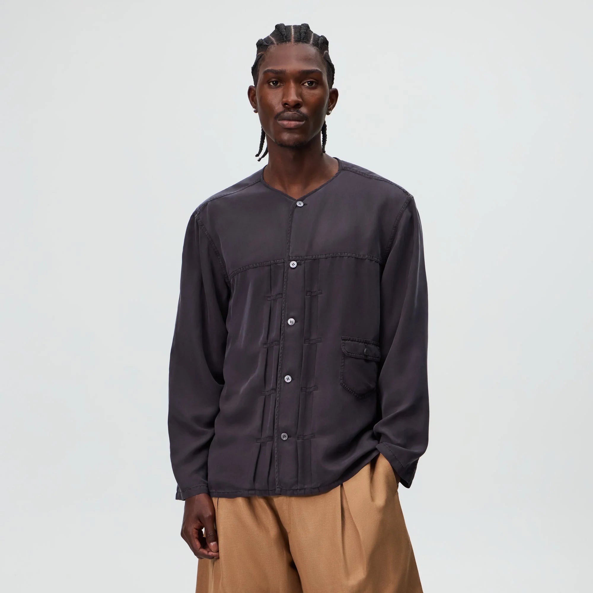 &Kin Garment Dyed Silk Collarless Yardley Shirt - Phantom Grey