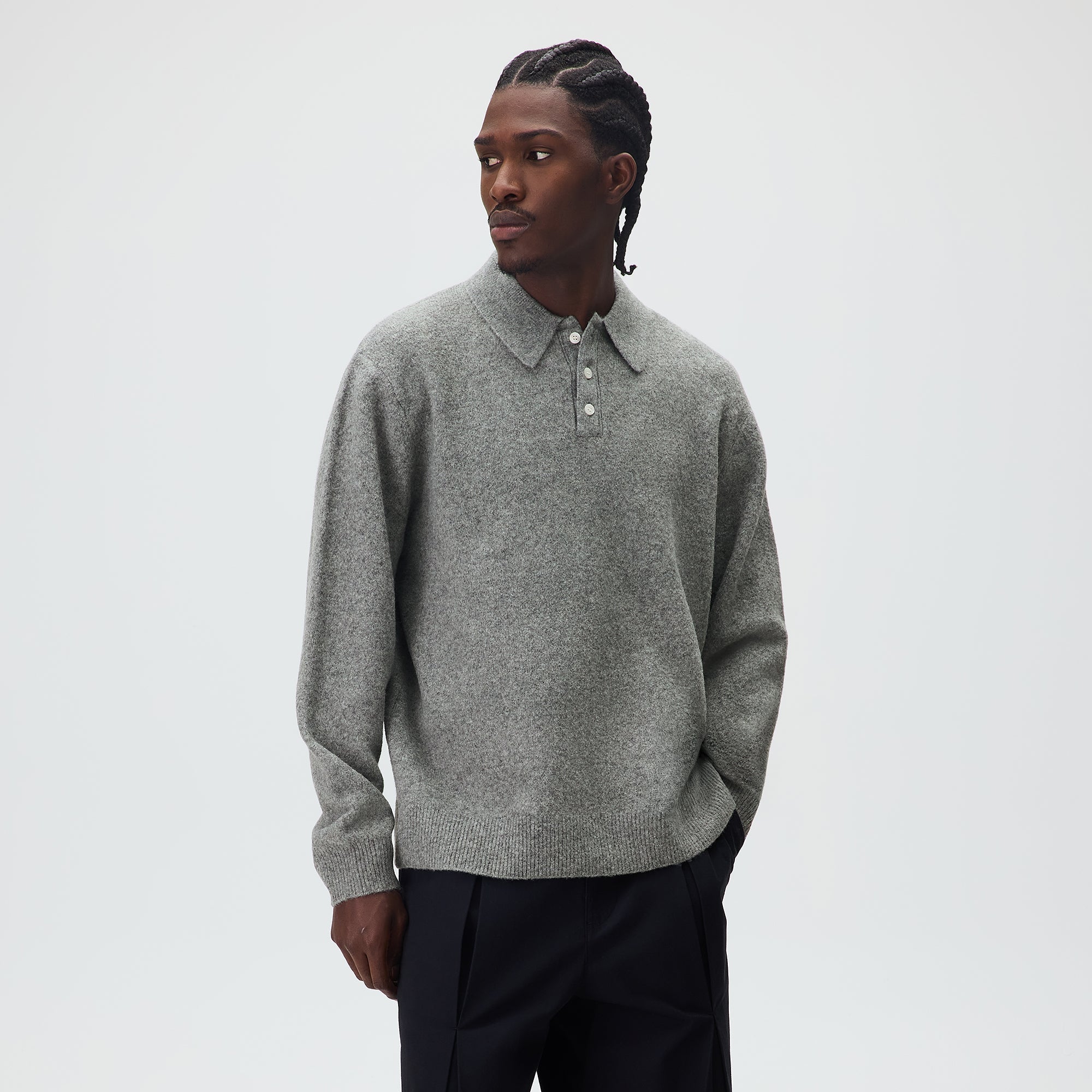 Kith Marled Harmon Rugby Pullover - Mid Heather Grey